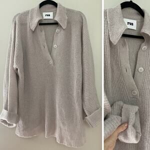 RUS Alpaca Wool Minimalist Funky Classic Neutral Beige Polo Sweater M MSRP $330